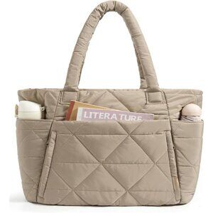 Tote Bag, Puffy Tote Bag with Zipper, Khaki